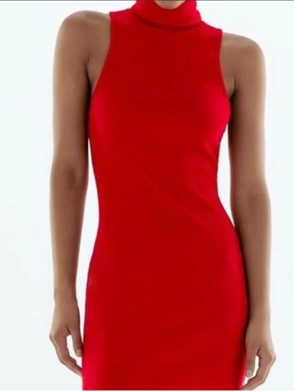 Sleeveless Red High-Neck Women's Dress Ribbed Fabric